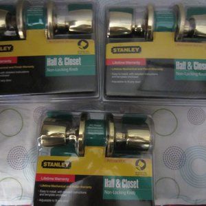 3-STANLEY (LIFETIME WARRANTY)- HALL & CLOSET -NON/LOCKING/GOLD- KNOB'S FOR DOOR